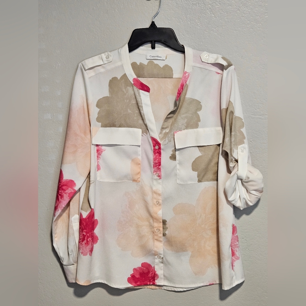 Calvin Klein Multicolor Floral Button Front Lg Sleeve Tab Blouse P2P 22" Size M